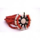 TB063  Coral Beads w/ Multi Stranded Stretchable Bracelet With Round Shell On the Wrist