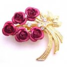 B503  Pink Rose Metal Brooch Valentine Gift Cake Brooch Gold Stem And Leaf