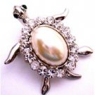 B508  Very Cute Turtle Brooch w/ White Shell Surrounded w/ Clear Crystals