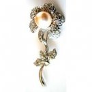 B486  Sun Flower Brooch Ivory Pearls Silver Plated Stem Diamante Leaves Gift