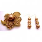 B493  Gift Golden Sunflower Golden Shadow Crystals Brooch & Pearls Earrings