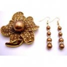 B494  Copper Pearls w/ Gold Shadow & Gold Spacer Match Brooch Sunflower Gift