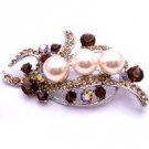B470  Champagne Pearls w/ Smoked Topaz Crystals Antique Gold Bouquet Brooch