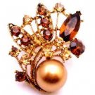 B526 Bronze Pearls Prom Flower Girl Bridemaids Jewelry Smoked Topaz Gold Plated Brooch