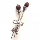 B480  Smoked Topaz Crystals Tulip Brooch w/ Long Stem & Bow Tulip Brooch