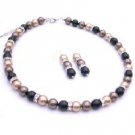 BRD088  Spectacular Swarovski Pearls Trio Brown Black & Bronze Jewelry Set