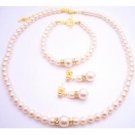 BRD110  My True Love Chic Swarovski Pearls Necklace Earrings Bracelet Gold Set