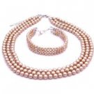 BRD106  Handmade Swarovski Pearls Champagne Three Stranded Bracelet & Necklace
