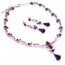NS959  Vintage Silver Crystals Necklace Earrings Set Lite & Dark Amethyst