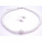 NS945  Shopping Bridemaids White Pearls Sparkling Pave Ball Pendant Necklace