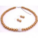 NS943  Nickle Free Beautiful Necklace w/ Pave ball CZ Copper Gold Pearls Set