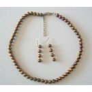 NS397 Necklace Set Brown Metallic Freshwater Pearls Sterling Silver Earrings Stretchable Bracelet