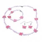 GC240  Fancy Girls Jewelry Pink Butterfly With Tiny White Pink Beads Necklace Earrings & Bracelet