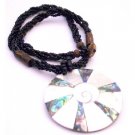 N332  Shiva Eye Shell Round Pendant Black Multi Stranded Beaded Necklace