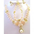 BRD803  Ivory Pearls & Peach Swarovski Crystals Pearls Double Stranded Necklace Set