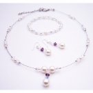 BRD539  AB Swarovski Crystals w/ Amethyst & White Pearls Drop Down Bridal Jewelry Set