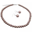 UNS020  Brown Synthetic Pearls Necklace Set w/ Pearls Stud Earrings
