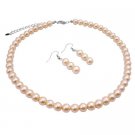 UNS013  Good Quality Synthetic Peach Pearls Choker Necklace Set 16 Inches w/ Dangling Earrings