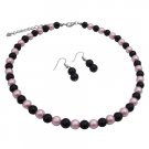 UNS017  Black Pearls Earrings w/ Pink & Black Pearls Beads Neckalce Jewelry Set