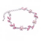 TB039  Trendy & Fashionable Pink Enamel Flower & Leaves Silver Metal Bracelet