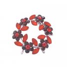 B015  Round Dark Siam Red Crystals Flower Brooch Enamel Red Leaves Red Crystals Brooch Jewelry