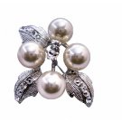 B032  Flower Pearls Brooch w/ Silver Casting Leaves Decoraed Cubic Zircon Gorgeous Brooch