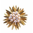 B209  Vintage Gold Brooch w/ Pearls & Cubic Zircon In Center Surrounded w/ Gold Leaf Brooch