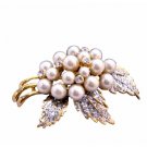 B220  Ivory Pearls Brooch Fancy Gold Brooch w/ Glitered Leafs w/ Zircon Wedding Brooch