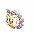 B216  Fancy Gold Brooch w/ Glitered Leaf Pearls And Cubic Zircon Stylish Brooch