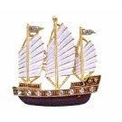 B376  Sail Boat Brooch Artistically Hand Painted In White & Antique Brown & Golden Brooch