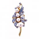 B383  Gold Brooch Bouquet OF Pearls w/Simulated Diamond Encrusted On Each Leave Wedding Brooch