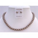 NS216  Bridal Bridemaids Jewelry Bronze Brown Pearls Necklace w/ Stud Earrings