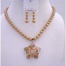 NSC238  Golden Tone Necklace Set Genuine Golden Pearls & Topaz Crystals w/ Flower Pendant