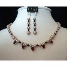 NSC218  Genuine Swarovski Rose Pearls w/ Garnet Crystals & Small Heart Pendant Necklace Set