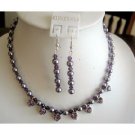 NSC149  Genuine Swarovski Purple Pearls & Amethyst Crystals w/ heart Pendants Necklace Set