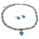 NSC228  Genuine Swarovski Cream Pearls & Aquamarine Crystals w/ Heart Pendant Necklace Set