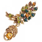 B565  Antique Gold Leaf Brooch With Cute Dangling Multicolor Crystals Brooch