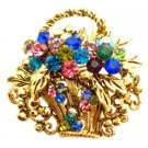 B544  Gold Burnished Multi Colored Rhinestone Flower Basket Brooch Pin