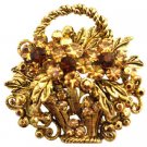 B547 Antique Gold Burnished Basket w/ Smoked Topaz Crystals & Colorado Crystals Jacket Brooch
