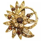 B548  Flower Decorated Ring Shaped Jacket Brooch Smoked Topaz Crystals & Colorado Crystals