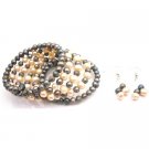 TB085  Wire Wrapped Cuff Bracelet Peach Freshwater Pearls Peach Black Bracelet & Earrings Set
