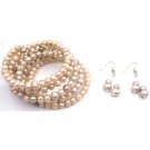 TB086 Wedding Bracelet & Earrings Set Wire Wrap Bracelet Freshwater Peach & Natural Pearls