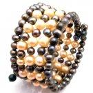 TB084  Peach And Black Freshwater Pearls Bridemaids Jewelry Five Stranded Bangle Bracelet