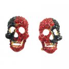 HH248 Head Skull Earrings Fully Encrusted w/Siam Red & Jet Crystals On Golden Metal Golden Teeth