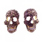 HH247  Skull Head Earrings Encrusted w/Amethyst & Tanzanite Crystals On Metal Golden Teeth