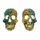 HH246 Skull Earrings Encrusted w/Peridot & Blue Zircon Crystals On Golden Metal Skull