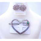 HA189  Heart Hair Barrette Ametheyst Crystals Barrette w/ Crystals Earrings