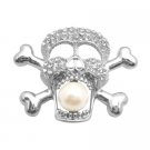 HH206  Silver Skull Head w/ Pearls in Skull Mouth Pendant Brooch Fully Embedded Cubic Zircon