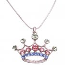 HH120  GLAM Multi Colored Cubic Crown Pendant Necklace w/ 24 Inches Long Necklace