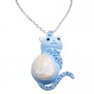 HH260  Shy Cat Pendant Necklace In Blue w/ Aquamarine Crystals On Body & Tail